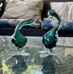 Pair Vintage Murano Seguso Cases Sommerso Emerald Green Art Glass Ducks