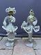 Pair Vintage Murano Venetian Glass Latticino Gold & White Flaked Figurines Rare