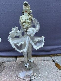 Pair Vintage Murano Venetian Glass Latticino Gold & White Flaked Figurines Rare