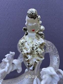 Pair Vintage Murano Venetian Glass Latticino Gold & White Flaked Figurines Rare