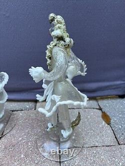 Pair Vintage Murano Venetian Glass Latticino Gold & White Flaked Figurines Rare