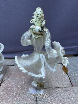 Pair Vintage Murano Venetian Glass Latticino Gold & White Flaked Figurines Rare