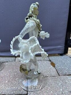 Pair Vintage Murano Venetian Glass Latticino Gold & White Flaked Figurines Rare