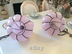 Pair Vtg Murano Glass Pink Swirl Style Pair Pendant Lights Lamps Chandeliers