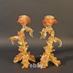 Pair of POMP Murano glass candle holders with rose gold and leaves vintage 1965