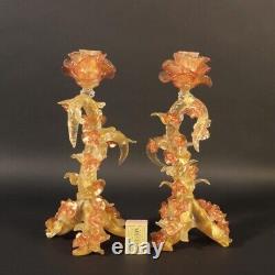 Pair of POMP Murano glass candle holders with rose gold and leaves vintage 1965