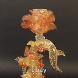 Pair of POMP Murano glass candle holders with rose gold and leaves vintage 1965