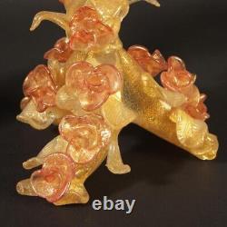 Pair of POMP Murano glass candle holders with rose gold and leaves vintage 1965