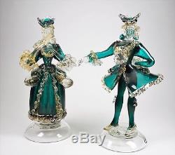 Pair of Vintage Green & Gold Murano Glass Dancer Figurines Lady and Man