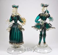 Pair of Vintage Green & Gold Murano Glass Dancer Figurines Lady and Man