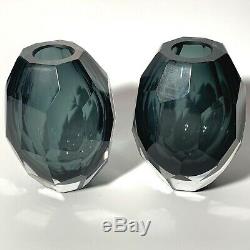 Pair of Vintage Italian Murano Faceted Art Glass Vases Black/Smoke Grey Sommerso