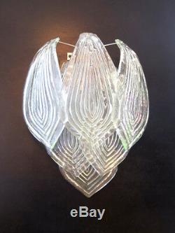 Pair of vintage Murano trasparent big glass leaves with green reflexes