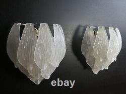Pair of vintage Murano wall sconce frosted carved glass leaves