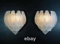 Pair of vintage Murano wall sconce frosted carved glass leaves