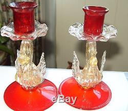 Pr Red Gold Swan Candle Holders Vintage Murano Italy Gold Fleck Swan Candlestick