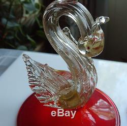 Pr Red Gold Swan Candle Holders Vintage Murano Italy Gold Fleck Swan Candlestick