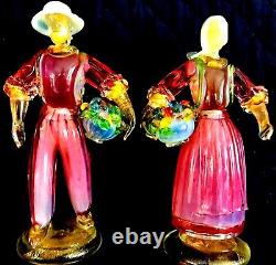 RARE VINTAGE, MURANO ART GLASS MALE & FEMALE With FRUIT BASKETS SCULPTURES, 10 1/2