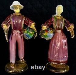 RARE VINTAGE, MURANO ART GLASS MALE & FEMALE With FRUIT BASKETS SCULPTURES, 10 1/2