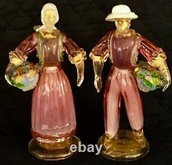 RARE VINTAGE, MURANO ART GLASS MALE & FEMALE With FRUIT BASKETS SCULPTURES, 10 1/2