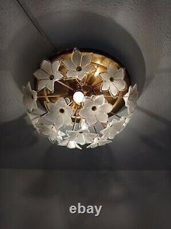 Rare Flush Mount Vintage Murano White Glass Chandelier Ceiling Fixture Lighting