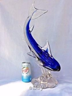 Rare Large Vintage Cobalt Blue Murano Art Glass Shark on Wave Shaped Base