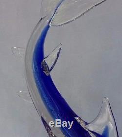Rare Large Vintage Cobalt Blue Murano Art Glass Shark on Wave Shaped Base