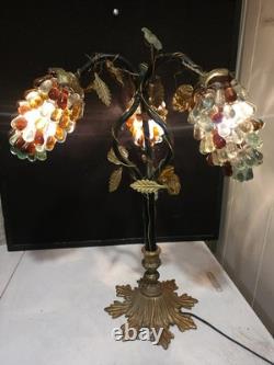 Rare- Large Vintage Murano Glass Grape Cluster 3 Shades Brass Base Table Lamp