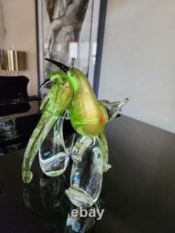 Rare Pair Vintage Formia Murano Glass Birds of Paradise Green/ Gold Aventurine
