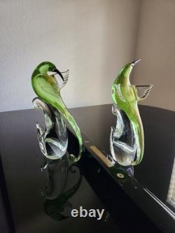 Rare Pair Vintage Formia Murano Glass Birds of Paradise Green/ Gold Aventurine
