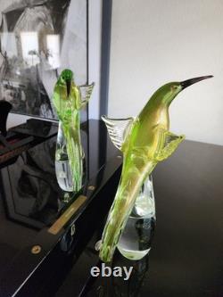 Rare Pair Vintage Formia Murano Glass Birds of Paradise Green/ Gold Aventurine