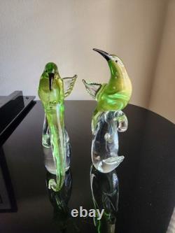 Rare Pair Vintage Formia Murano Glass Birds of Paradise Green/ Gold Aventurine