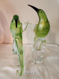 Rare Pair Vintage Formia Murano Glass Birds of Paradise Green/ Gold Aventurine