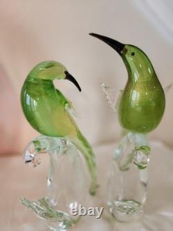 Rare Pair Vintage Formia Murano Glass Birds of Paradise Green/ Gold Aventurine