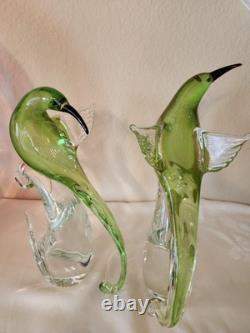Rare Pair Vintage Formia Murano Glass Birds of Paradise Green/ Gold Aventurine