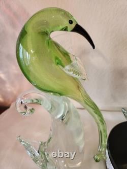 Rare Pair Vintage Formia Murano Glass Birds of Paradise Green/ Gold Aventurine