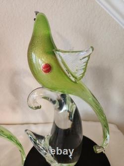 Rare Pair Vintage Formia Murano Glass Birds of Paradise Green/ Gold Aventurine