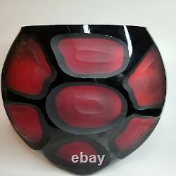 Rare VTG Murano MCM Carved Black over Red Italian Art Glass Sculptural Vase