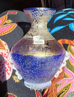 Rare VeArt Murano Italy Blue Scavo Art Glass Vase with Original Label Vintage