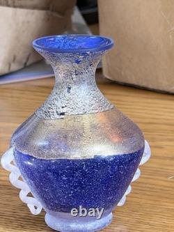 Rare VeArt Murano Italy Blue Scavo Art Glass Vase with Original Label Vintage