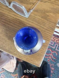 Rare VeArt Murano Italy Blue Scavo Art Glass Vase with Original Label Vintage