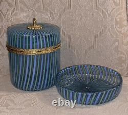 Rare Vintage Mottahedeh Murano Blue Green Striped Glass Lidded Casket Box & Dish