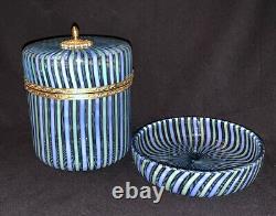 Rare Vintage Mottahedeh Murano Blue Green Striped Glass Lidded Casket Box & Dish