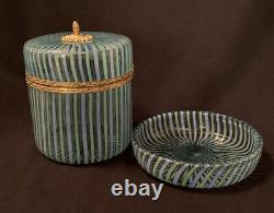 Rare Vintage Mottahedeh Murano Blue Green Striped Glass Lidded Casket Box & Dish