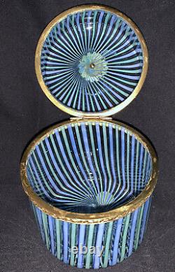 Rare Vintage Mottahedeh Murano Blue Green Striped Glass Lidded Casket Box & Dish