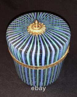Rare Vintage Mottahedeh Murano Blue Green Striped Glass Lidded Casket Box & Dish