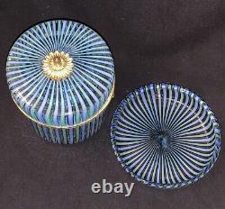 Rare Vintage Mottahedeh Murano Blue Green Striped Glass Lidded Casket Box & Dish