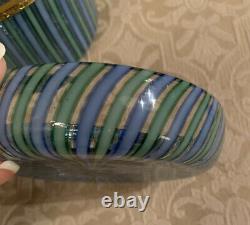 Rare Vintage Mottahedeh Murano Blue Green Striped Glass Lidded Casket Box & Dish