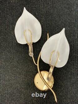 Rare Vintage Murano Art Glass Leaf Form Wall Sconce Brass White 28 Franco Luce