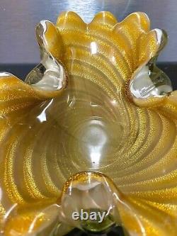 Rare Vintage Murano Bavovier Toso Cordonato D'oro Gold Aventurine Art Glass Bowl