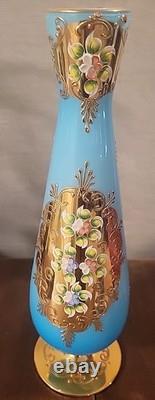 Rare Vintage Murano Glass Vase Handpainted Floral Robin's Egg Blue